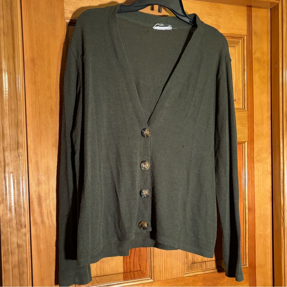 Olive green lightweight sweater cardigan with tortoisshell buttons loose fitting